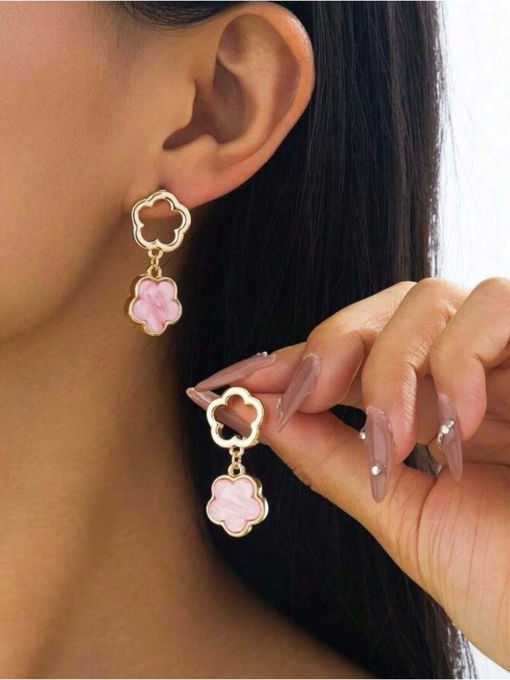 Gold Drop Clover Earrings with Pink Inlay - Picture 2 of 2